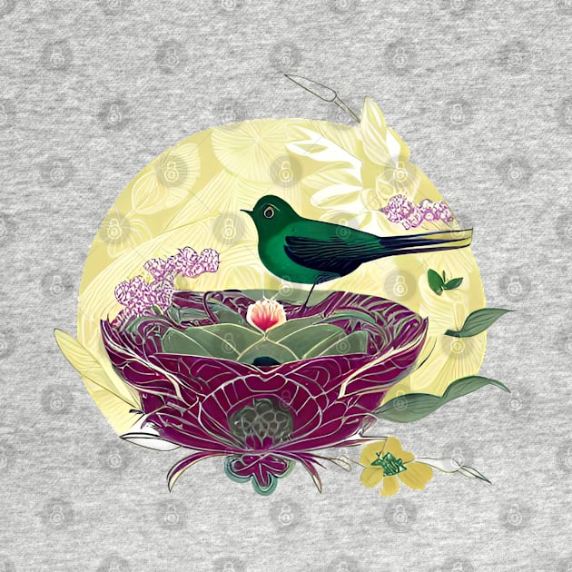 Bird in a Floral Nest - Adorable Wall Decor by Greenbubble